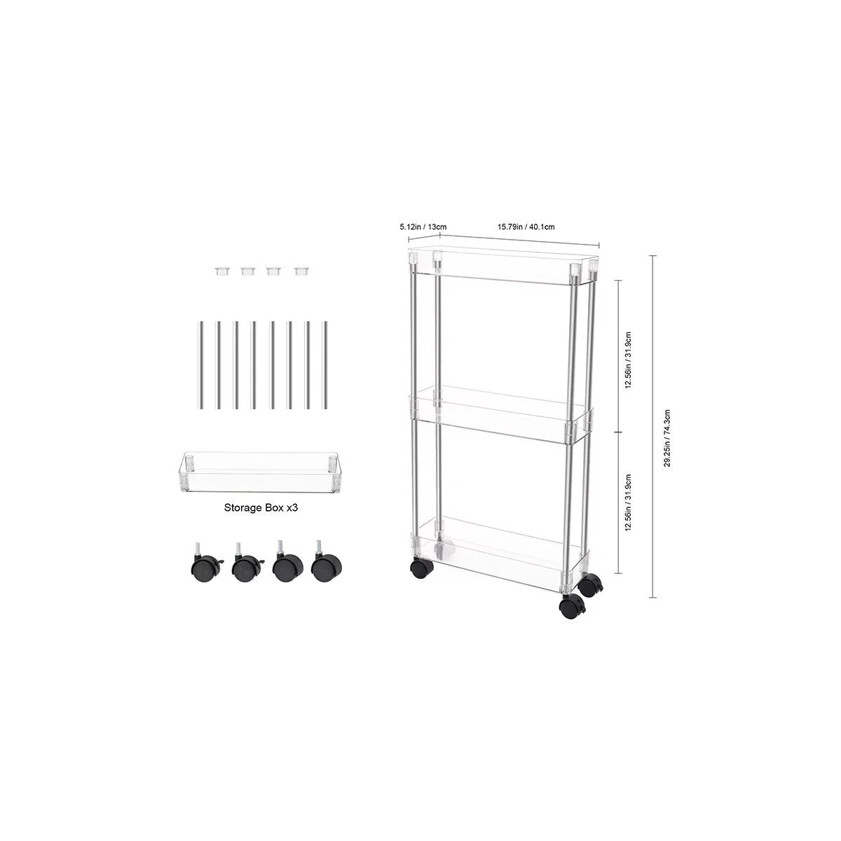 Chrome/Clear - Acrylic 3-Tier Cart
