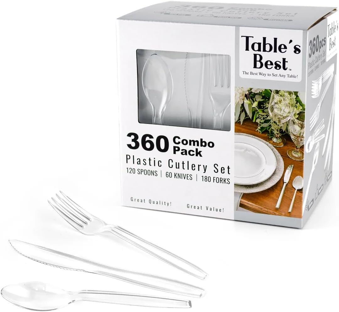 Clear Disposable Cutlery set - 360 Pieces: 180 Forks, 120 Spoons, 60 Knives