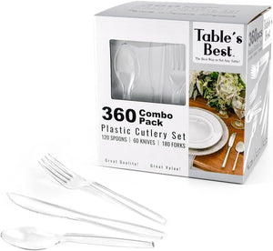 Clear Disposable Cutlery set - 360 Pieces: 180 Forks, 120 Spoons, 60 Knives