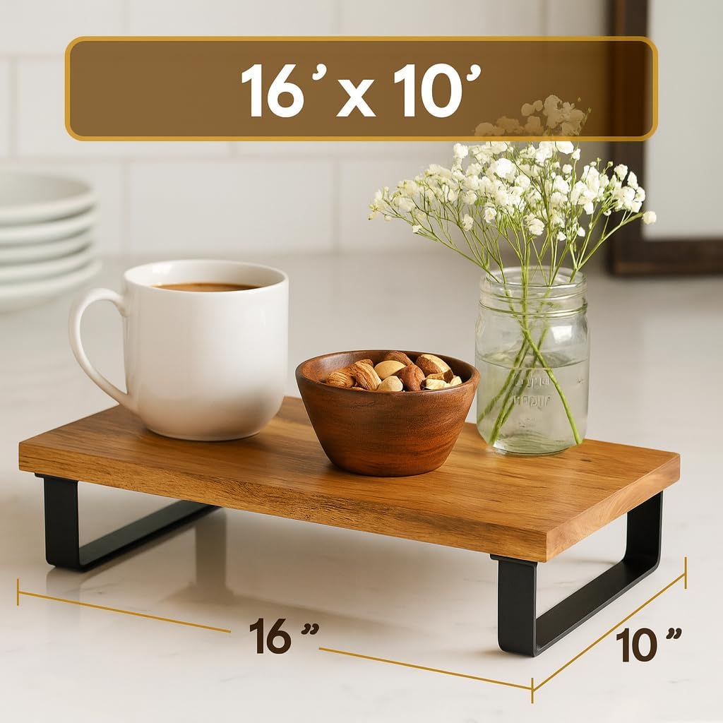 16’’ x 10’’ Serving Tray Acacia Wood Top, Matte Black Metal Frame