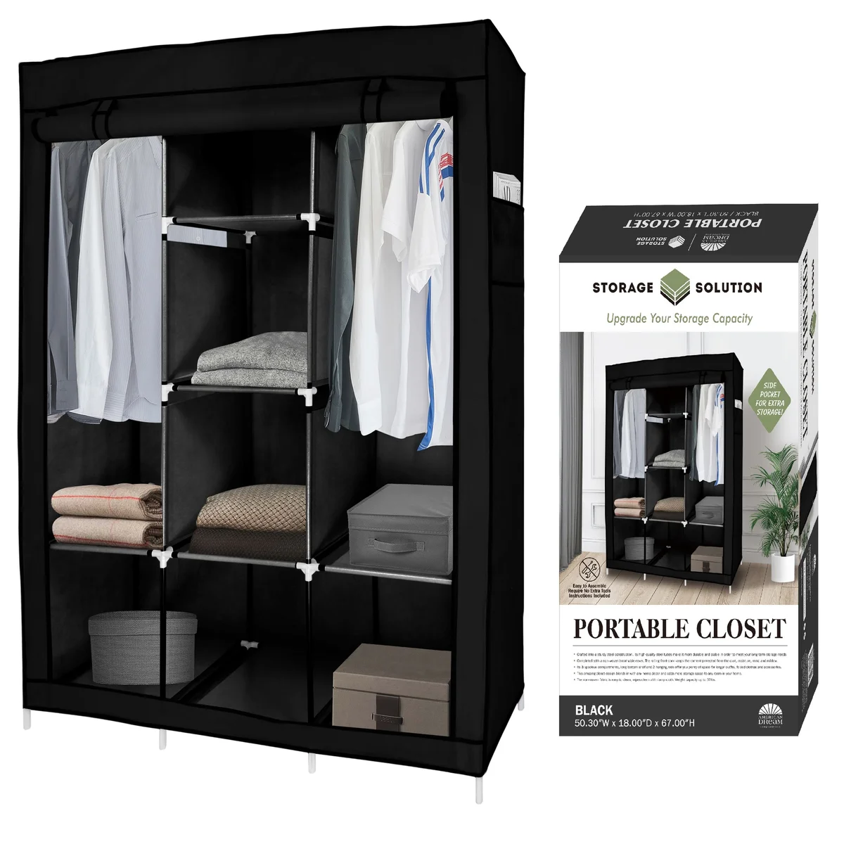 Portable Free Standing Closet with 8 Storage Shelves, 2 Hanging Rod & 4 Pockets