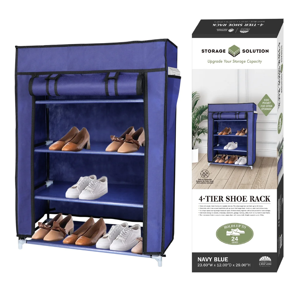 4 Tier Shoe Rack with Side Pocket, Holds 24 Shoes