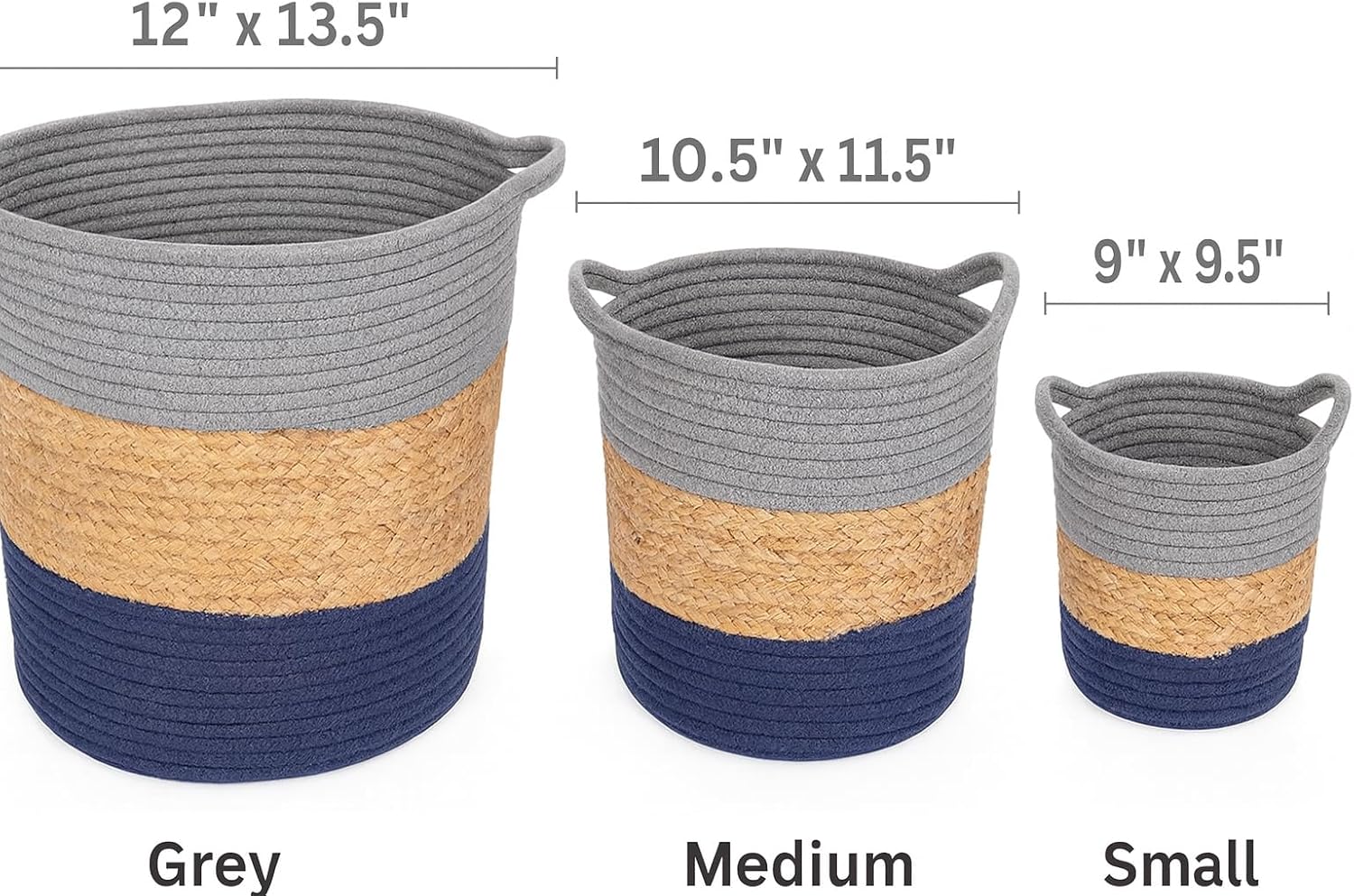 3-Piece Set Cotton Rope Storage Basket Woven Laundry Hamper with Handle