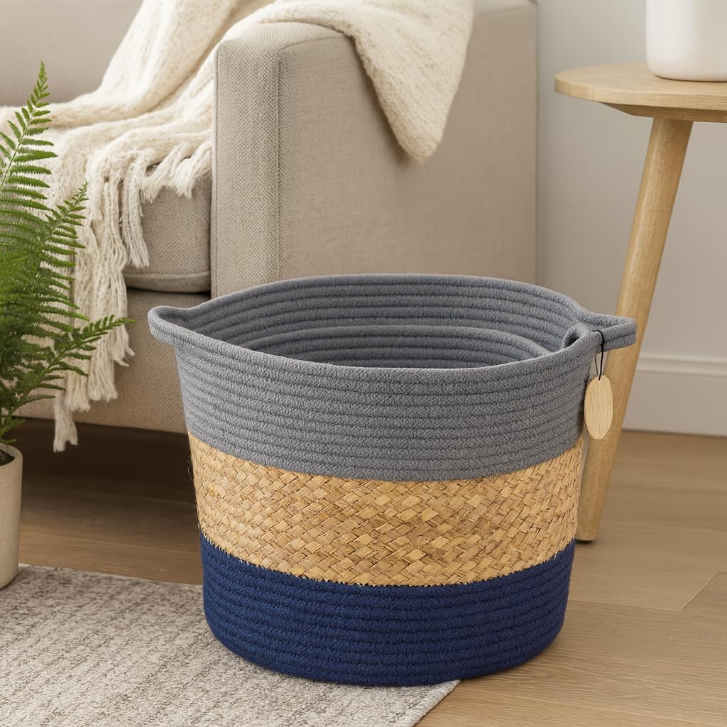 3-Piece Set Cotton Rope Storage Basket Woven Laundry Hamper with Handle