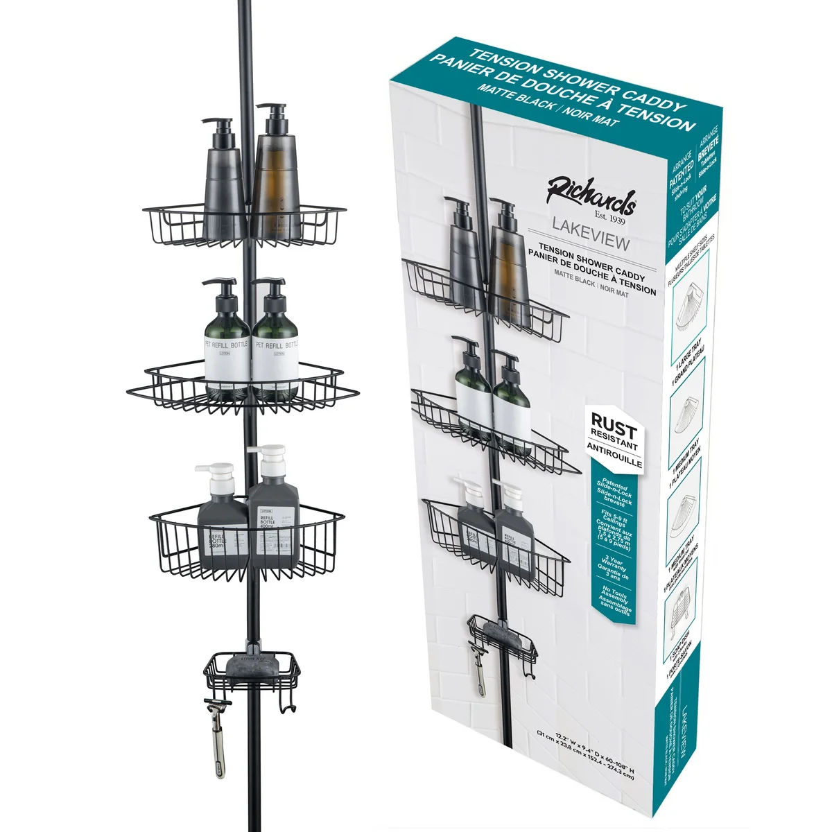 4-Tier Rustproof Shower Caddy Corner Organizer With Adjustable Shelves and Tension Pole