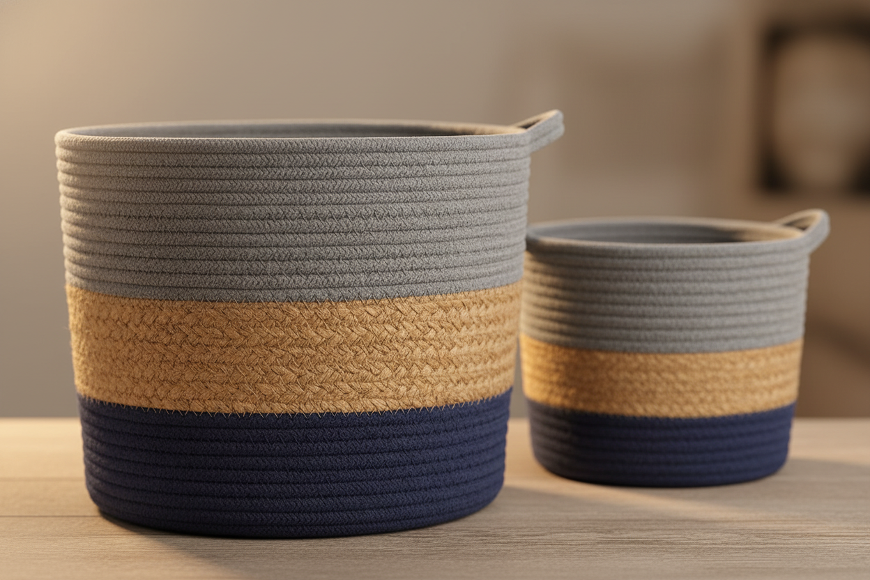 3-Piece Set Cotton Rope Storage Basket Woven Laundry Hamper with Handle