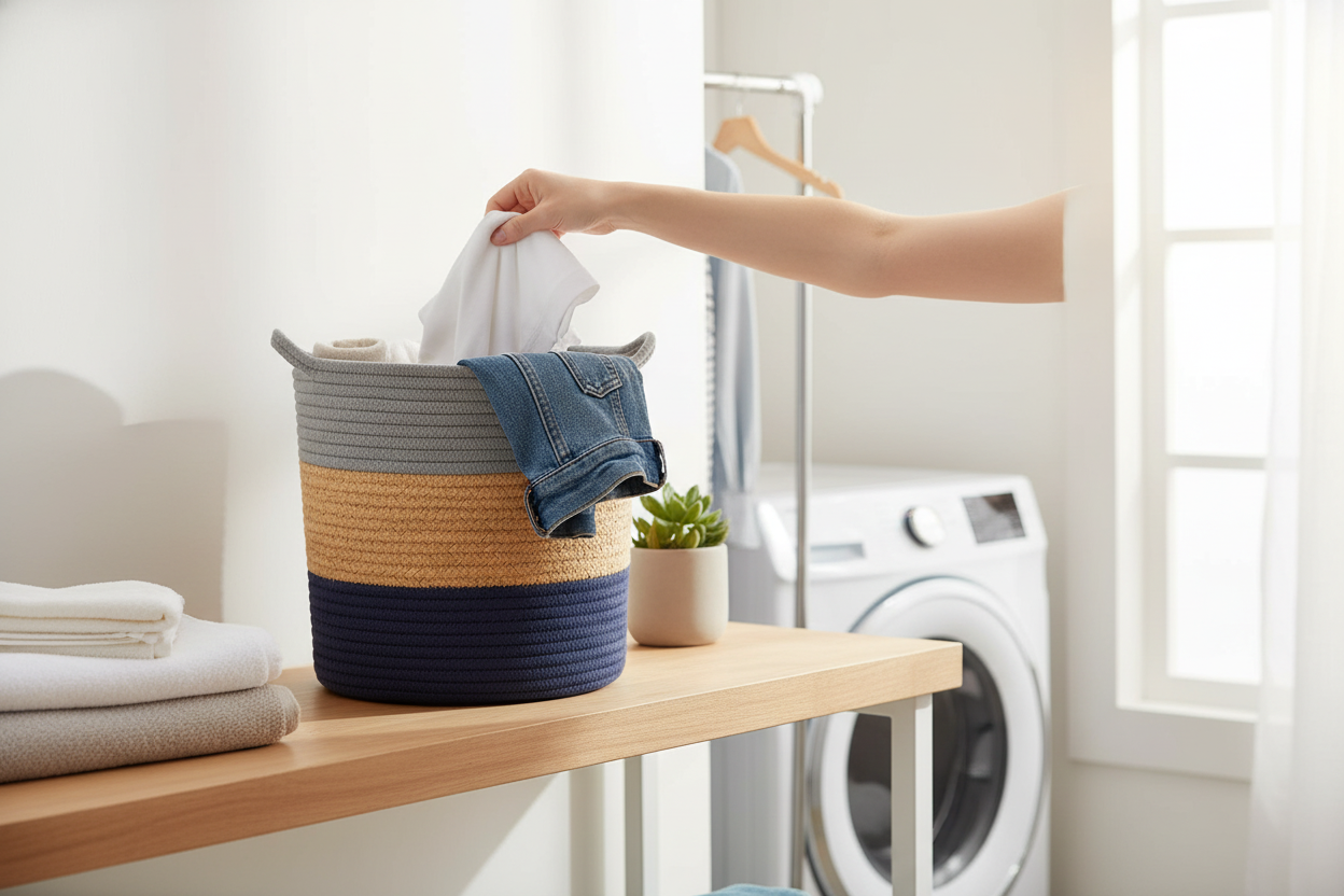 3-Piece Set Cotton Rope Storage Basket Woven Laundry Hamper with Handle