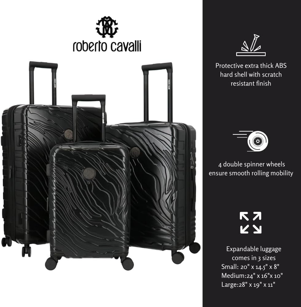 ROBERTO CAVALLI Luxury 3 Piece Luggage Set, Expandable Hard Shell Suitcases with 8 Spinner Wheels, TSA Lock Large Suitcase Set for Men and Woman