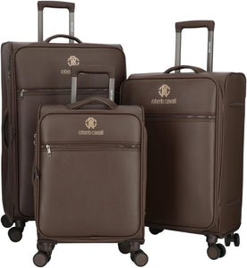 ROBERTO CAVALLI Luxury 3 Piece Luggage Set, Expandable Softside Suitcases with 8 Spinner Wheels, TSA Lock Large Suitcase Set for Men and Woman -Brown