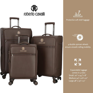 ROBERTO CAVALLI Luxury 3 Piece Luggage Set, Expandable Softside Suitcases with 8 Spinner Wheels, TSA Lock Large Suitcase Set for Men and Woman -Brown