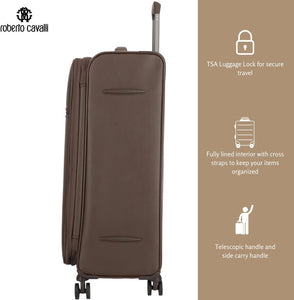 ROBERTO CAVALLI Luxury 3 Piece Luggage Set, Expandable Softside Suitcases with 8 Spinner Wheels, TSA Lock Large Suitcase Set for Men and Woman -Brown