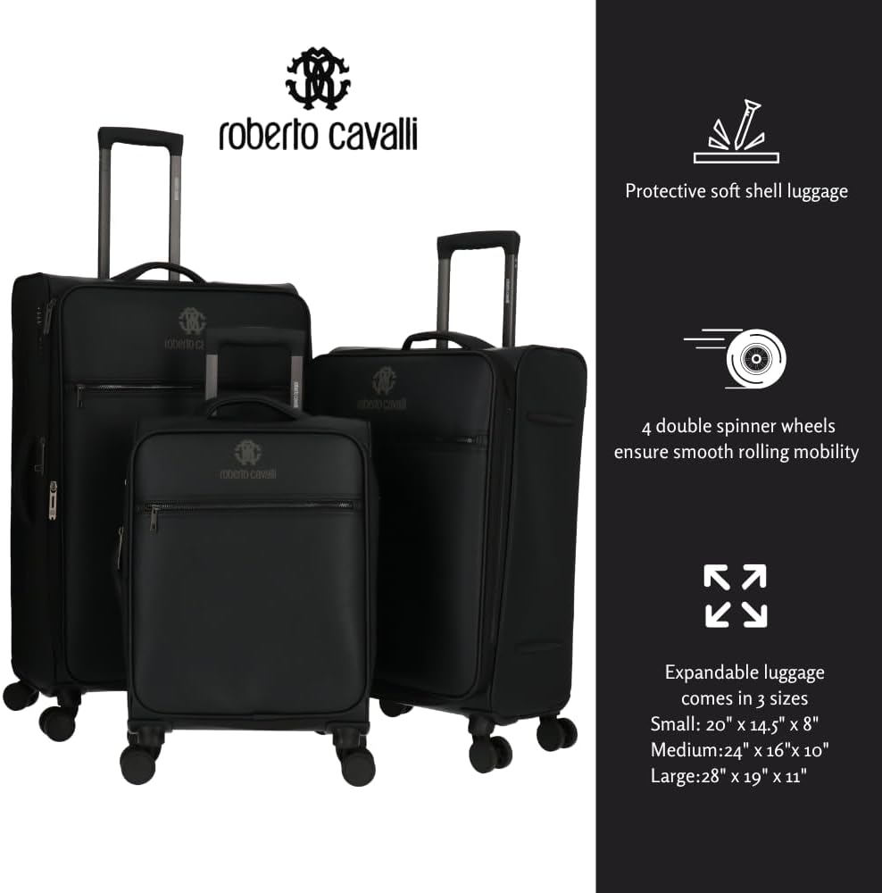 ROBERTO CAVALLI Luxury 3 Piece Luggage Set, Expandable Softside Suitcases with 8 Spinner Wheels, TSA Lock Large Suitcase Set for Men and Woman -Brown