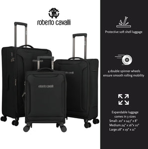 ROBERTO CAVALLI Luxury 3 Piece Luggage Set, Expandable Softside Suitcases with 8 Spinner Wheels, TSA Lock Large Suitcase Set for Men and Woman