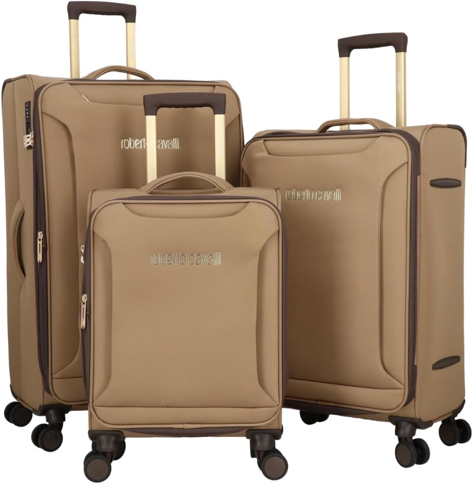 ROBERTO CAVALLI Luxury 3 Piece Luggage Set, Expandable Softside Suitcases with 8 Spinner Wheels, TSA Lock Large Suitcase Set for Men and Woman