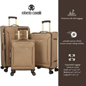 ROBERTO CAVALLI Luxury 3 Piece Luggage Set, Expandable Softside Suitcases with 8 Spinner Wheels, TSA Lock Large Suitcase Set for Men and Woman