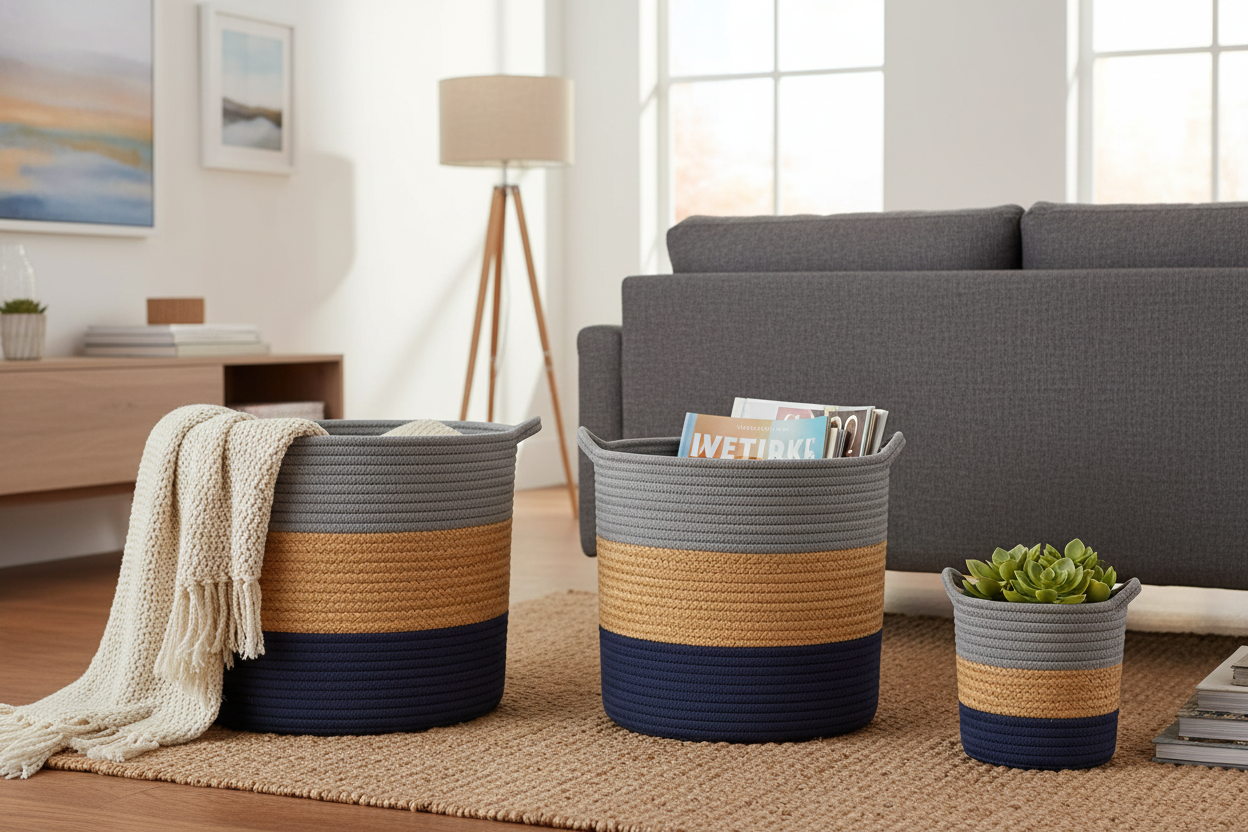 3-Piece Set Cotton Rope Storage Basket Woven Laundry Hamper with Handle