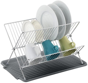 17 in. X Shaped Stainless Steel 2-Tier Dish Rack with Utensil and Cutting Board Holder for Kitchen Counter