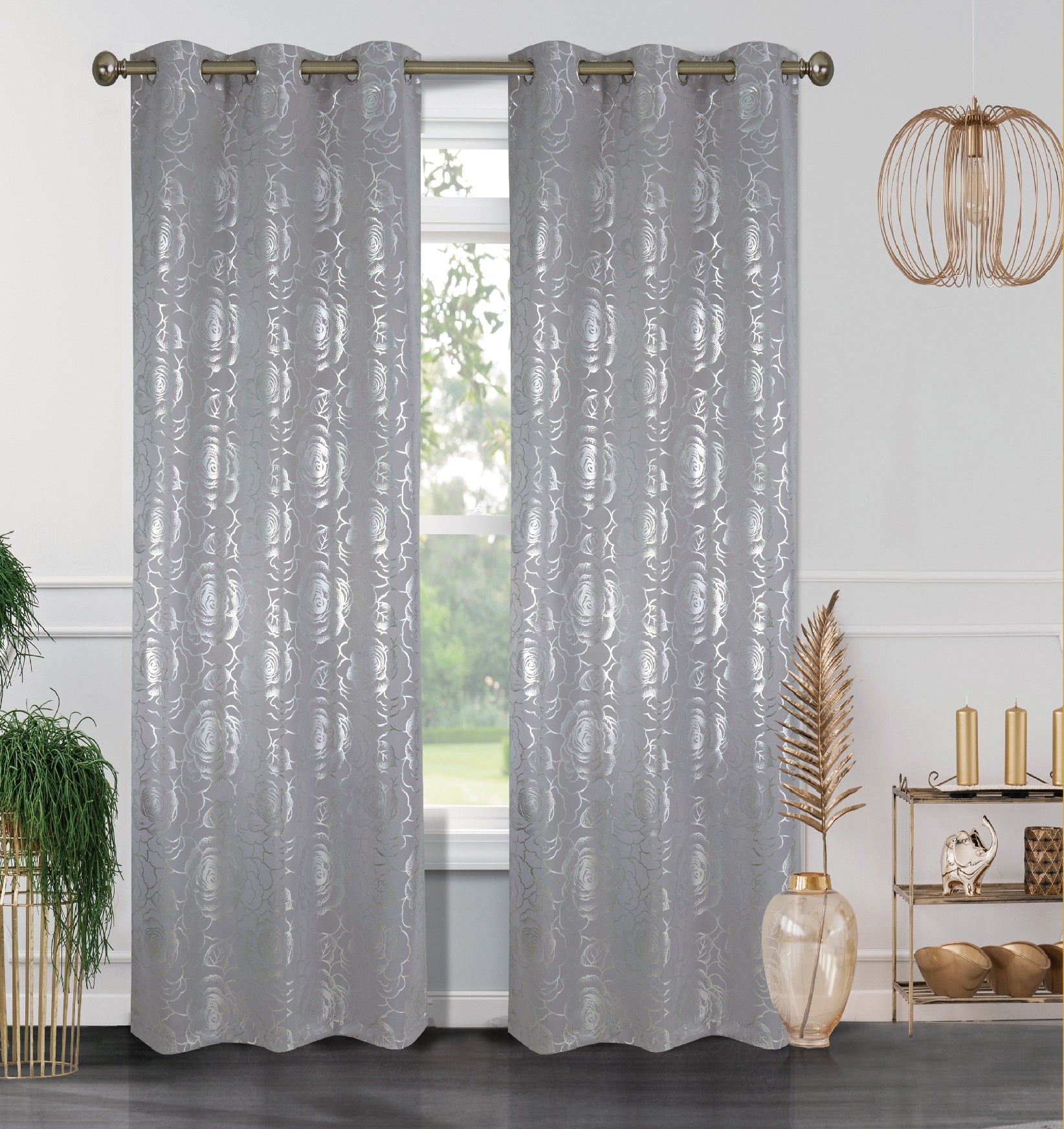 Floral Metallic  Blackout Thermal Grommet Curtain Panels (Set of 2)